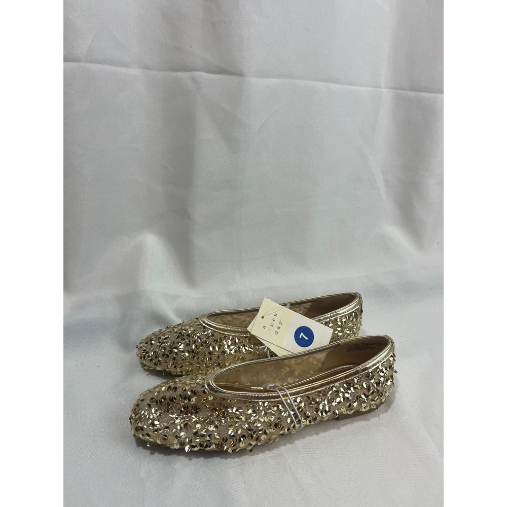 A New Day Womens‎ Gold Sequin Ballet Flats Ultimate Comfort Slip On Shoes Size 7